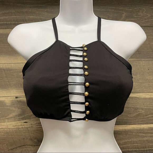 Kenneth Cole Black Halter Neck Strappy Bikini Top Gold Metal Button Detail Large - Picture 3 of 11